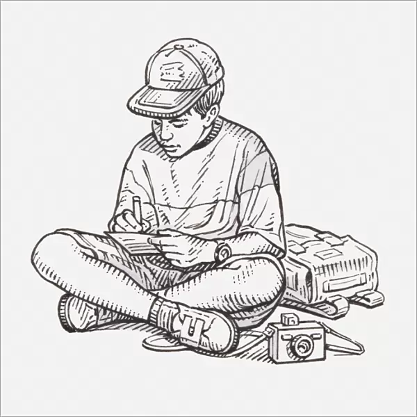 Black and white illustration of a boy sitting cross-legged on the floor and making notes, camera and satchel nearby