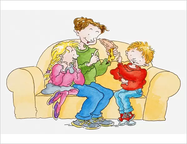 Illustration of a man sitting on sofa with boy and girl, showing condom pulled over a banana