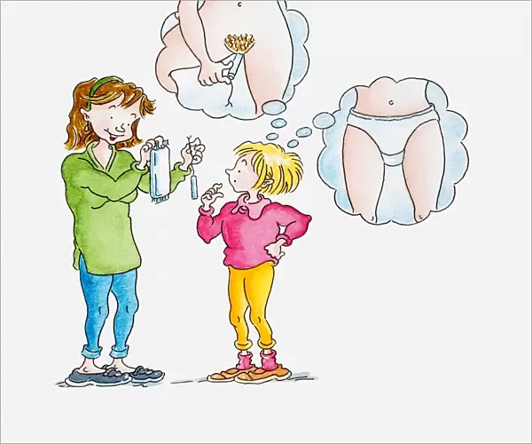 Illustration of woman showing tampon and sanitary pad to girl, thought bubbles above girls head visualising the use of both