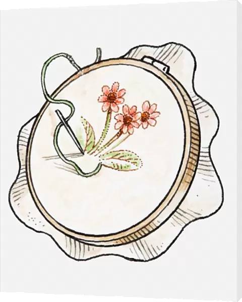 Illustration of needle and thread on embroidery hoop