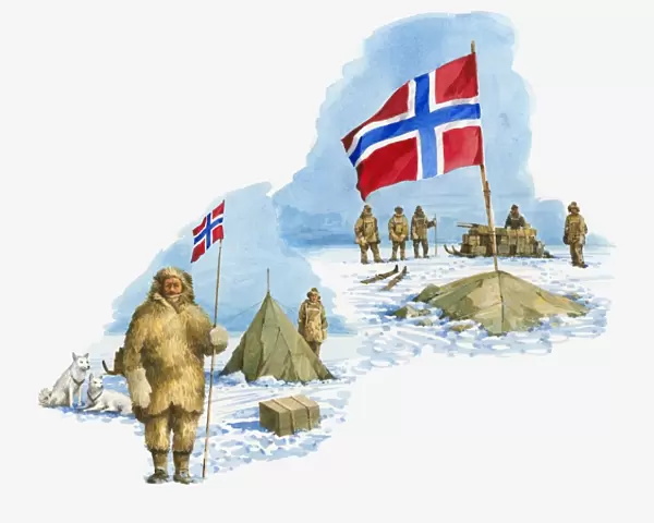 Illustration of Roald Amundsen with men at camp Polheim holding Norwegian flag