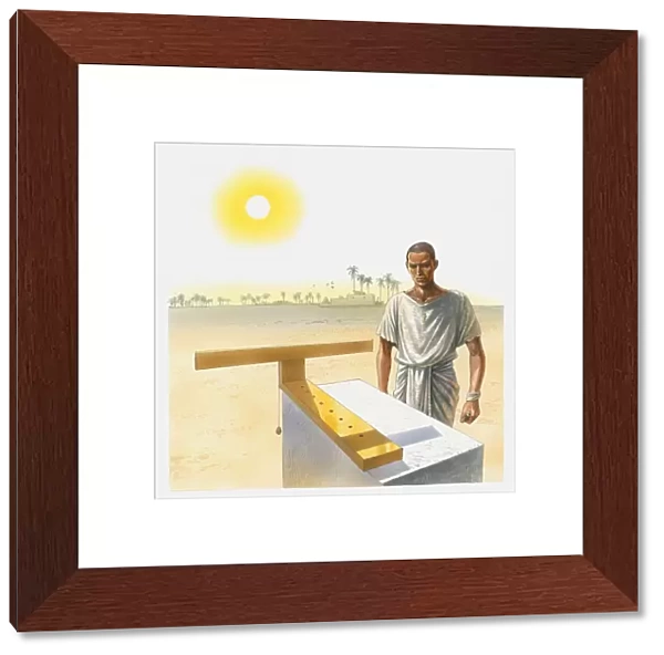 Illustration of man standing next to a t-shaped sundial, Ancient Egypt