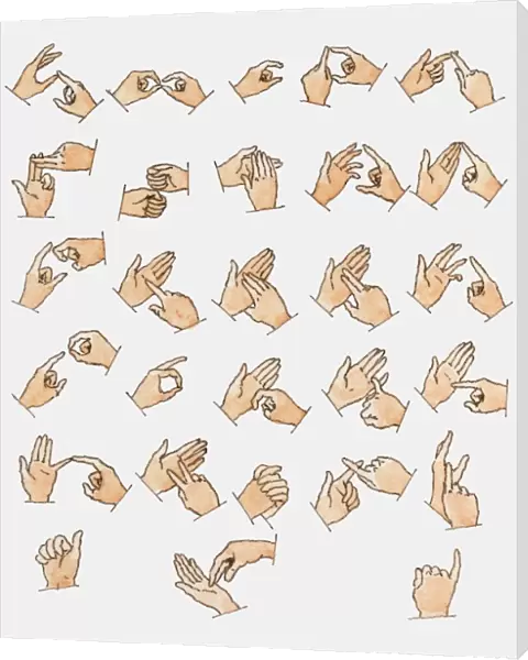 Illustration showing 26 sign language hand signals representing letters of the alphabet