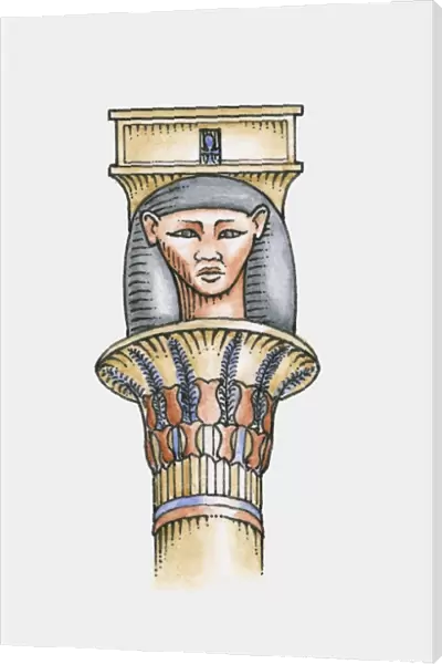 Illustration of ancient Egyptian capital depicting head of Hathor