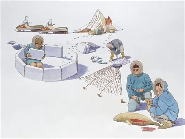 Illustration of traditional Inuit hunting methods and constructing igloo contrasting with modern sno