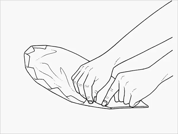 Black and white illustration of wrapping fish in baking parchment parcel
