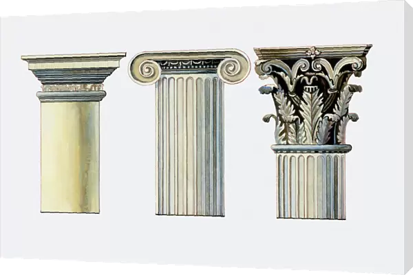 Illustration of Doric, Ionic and Corinthian column capitals