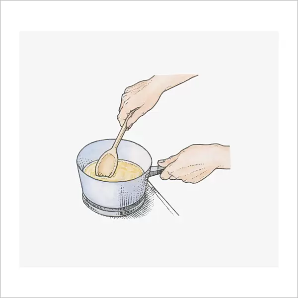 Illustration showing melted wax being stirred in pan using wooden spoon to create a DIY tile sealant