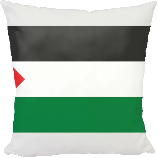 Illustration of Palestinian flag, with three equal horizontal black, white and green stripes overlaid by red isosceles triangle at hoist