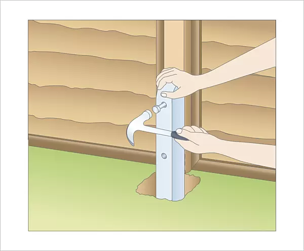 Illustration of using claw hammer to mark fixing holes in fence spur and wood post