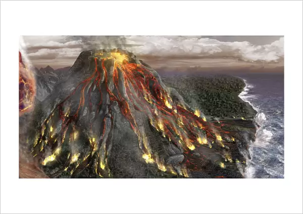 Digitally generated image of volcano after first eruption