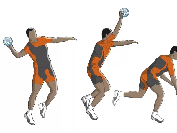 Three stages of handballer performing overhead pass