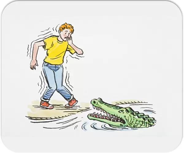 Illustration of teenager shaking with fear, knees knocking and fingers in mouth standing at edge of water looking at crocodile with open mouth