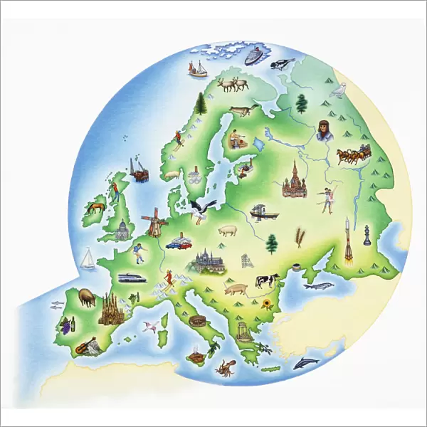Map of Europe with illustrations of famous landmarks and items associated with various countries