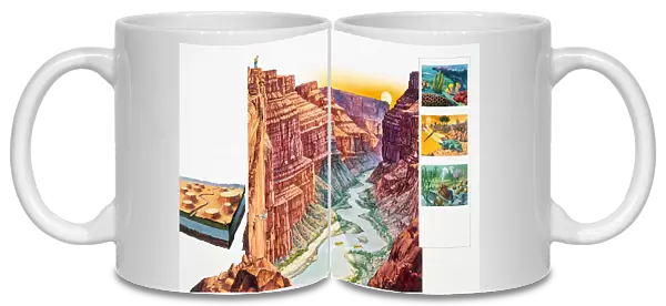 USA, Arizona, Grand Canyon, steep-sided gorge, eroded by Colorado River, cross-section and illustrative insets