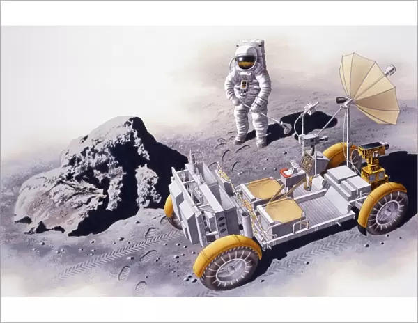 Astronaut standing near Lunar Roving Vehicle (LRV) and boulder on surface of moon, elevated view