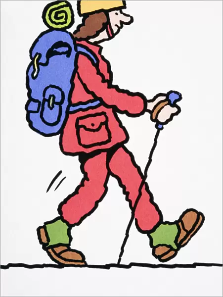 Comical depiction of Polar explorer with heavy backpack, holding ski poles