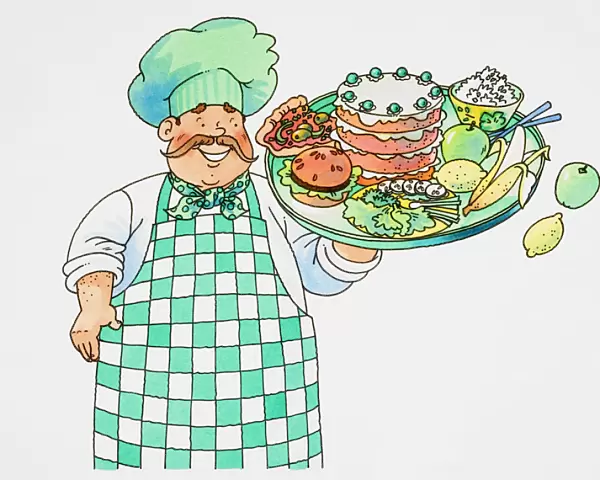 Smiling chef with moustache, checked apron and green chefs hat holding up tray stacked with food with one hand, front view