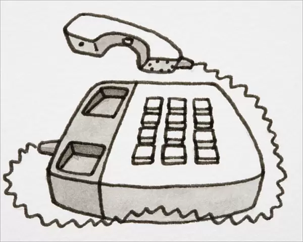 Cartoon, button telephone with receiver off the hook