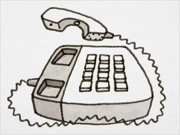 Cartoon, button telephone with receiver off the hook
