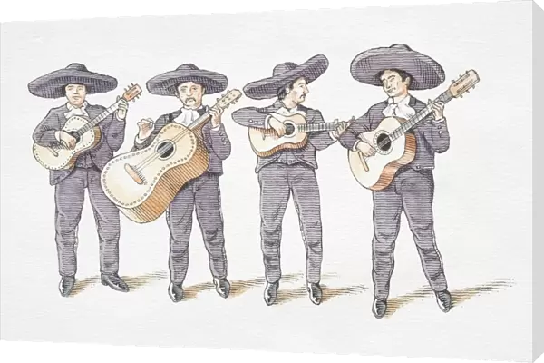 Illustration, mariachi band consisting of four guitarists in grey Mexican hats and matching suits, front view