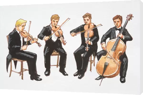 Illustration, string quartet, four sitting men in tuxedos playing two violins, a viola and cello, front view