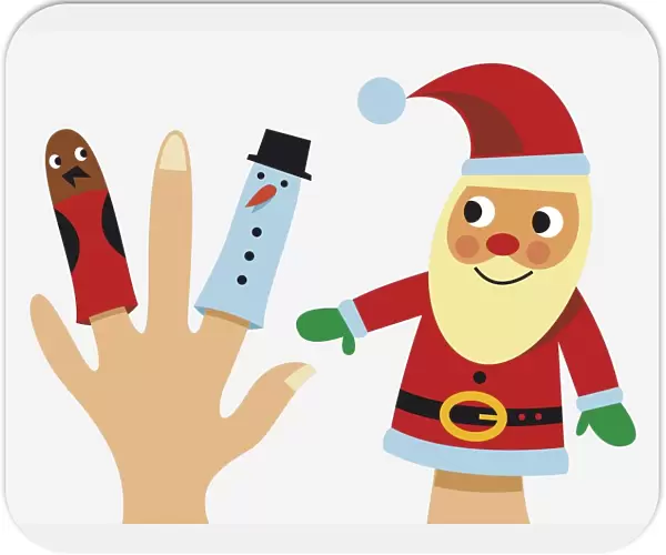 Santa Claus hand puppet, and bird and snowman finger puppets