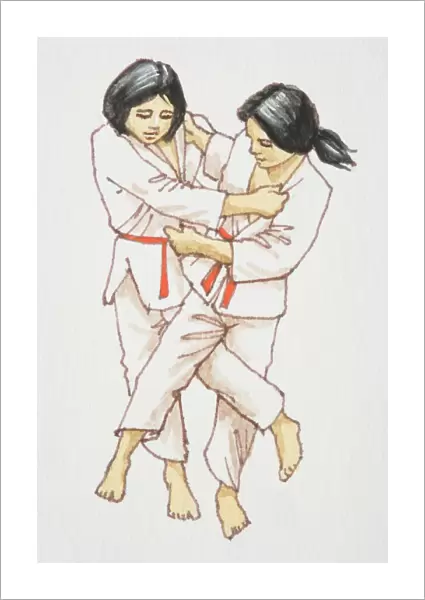 Two female Judoka or Judo fighters wrestling each other