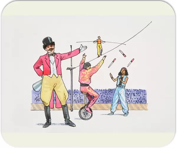 Smiling ringmaster in circus ring pointing to acrobats juggling, walking tightrope and balancing on unicycle