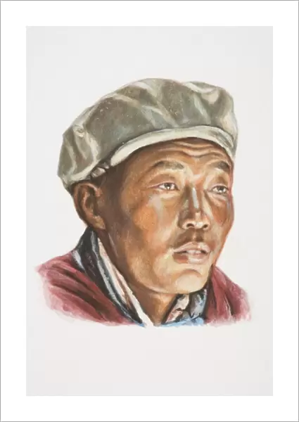 Mongolia, head of Mongol man in hat, front view