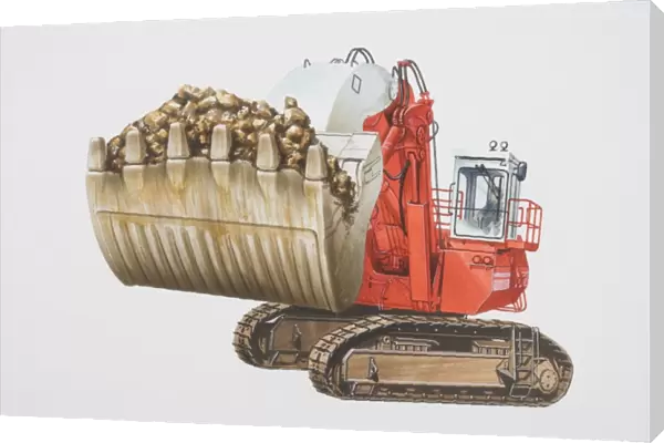 Red mining shovel with bucket full of earth
