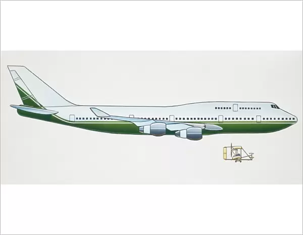 Artwork of a jet passenger plane. Also on the artwork is the Wright brothers plane