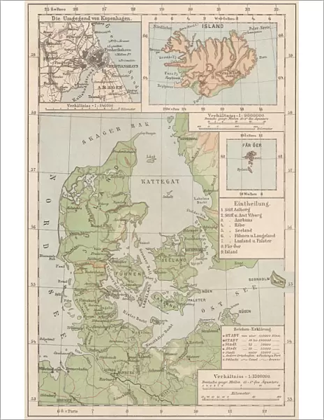 Map of Denmark and Iceland, lithograph, published in 1881