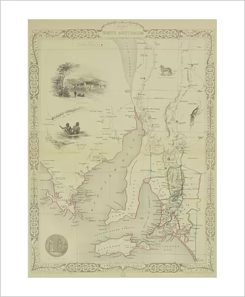 Antique map of South Australia with vignettes