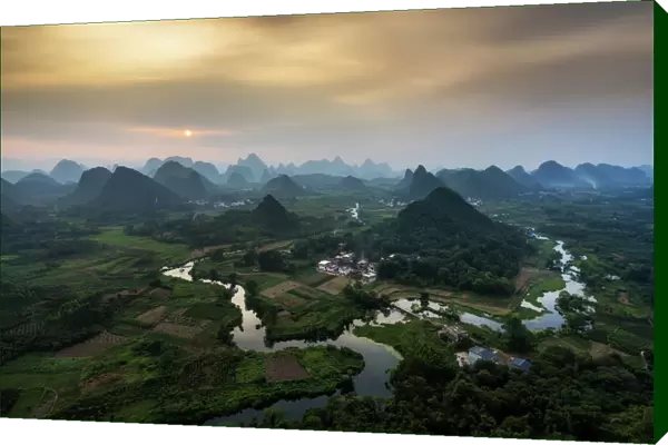 Panorama of Karst Mountain Range and Li River in Guilin, China