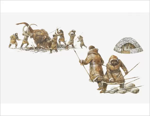 Illustration of Ice Age hunters killing a mammoth