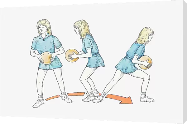 Illustration of netball player keeping one foot on same spot while holding ball and turning