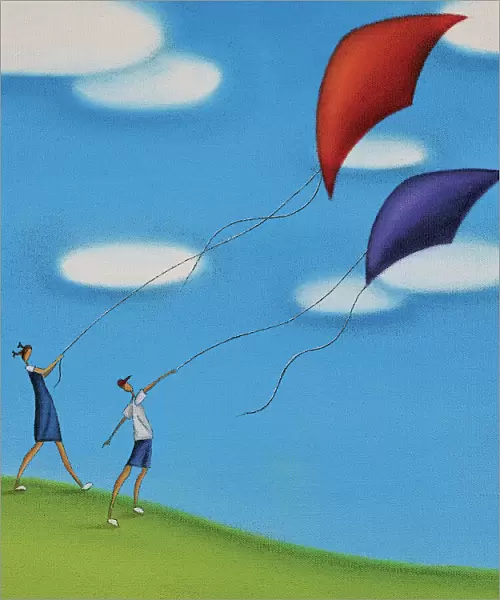 Children Flying a Kite on a Hill