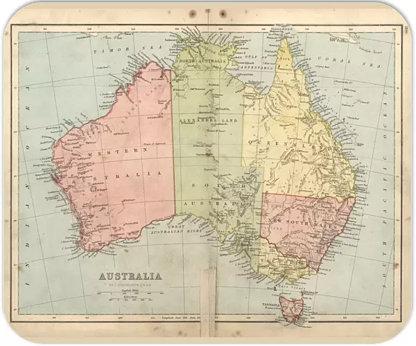 Antique damaged map of Australia in the 19th Century, 1873