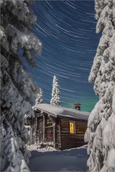 Finnish Wilderness cabin on a clear winters night