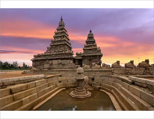 Sunset View at Shore Temple Complex with Miniature Shrine in Mahabalipuram, Kanchipuram, Tamil Nadu, India