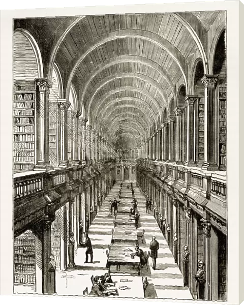 Trinity College Library in Dublin, Ireland Victorian Engraving, Circa 1840