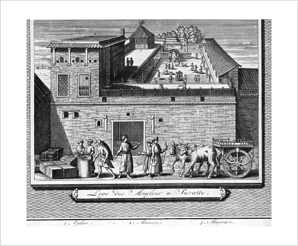 Surat. An Engraving of a British Factory in Surat, India circa 1668