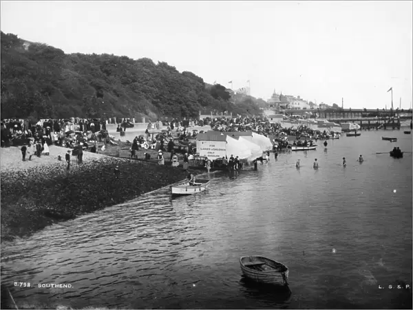 Southend. 8th July 1898: A beach scene at Southend-on-Sea