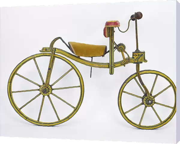 Laufmaschine 1820 Osterreich, Austria, 1820, side view, drive side. No gears, Frame: wood, Wheel size back: 71cm  /  front: 58cm Special features - only used by very wealthy, hence the luxurious padded seats, and ornamental detailing