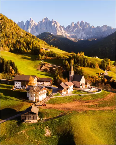 Aerial view of small town in autumn, Dolomites, Italy