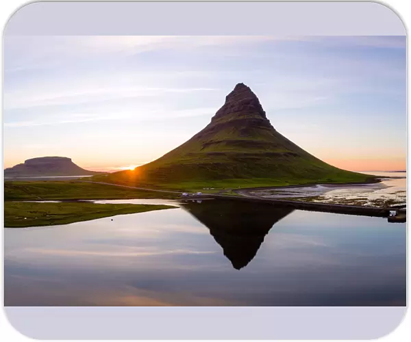 Aerial view of famous Kirkjufell mountain at sunset, Iceland