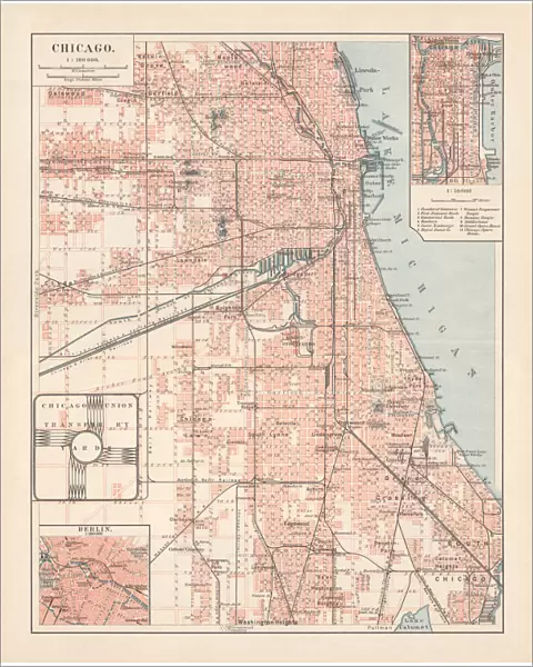 City map of Chicago, Illinois, USA, lithograph, published in 1897