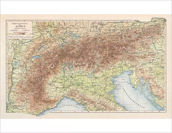 Topographic map of the European Alps, lithograph, published in 1897