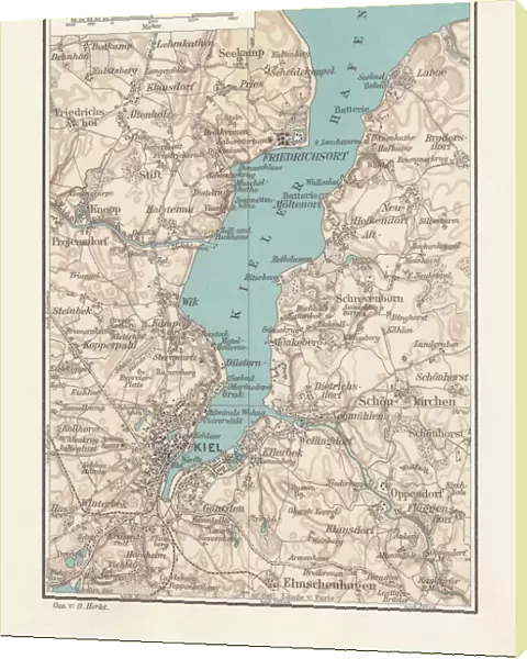 Map of Kiel, capital of Schleswig-Holstein, Germany, lithograph, published 1887